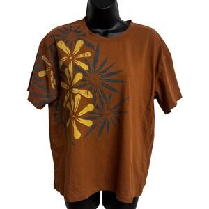 Tanoa Womens Large Brown Floral Graphic T Shirt Cotton Stretch Hawaii Tee New